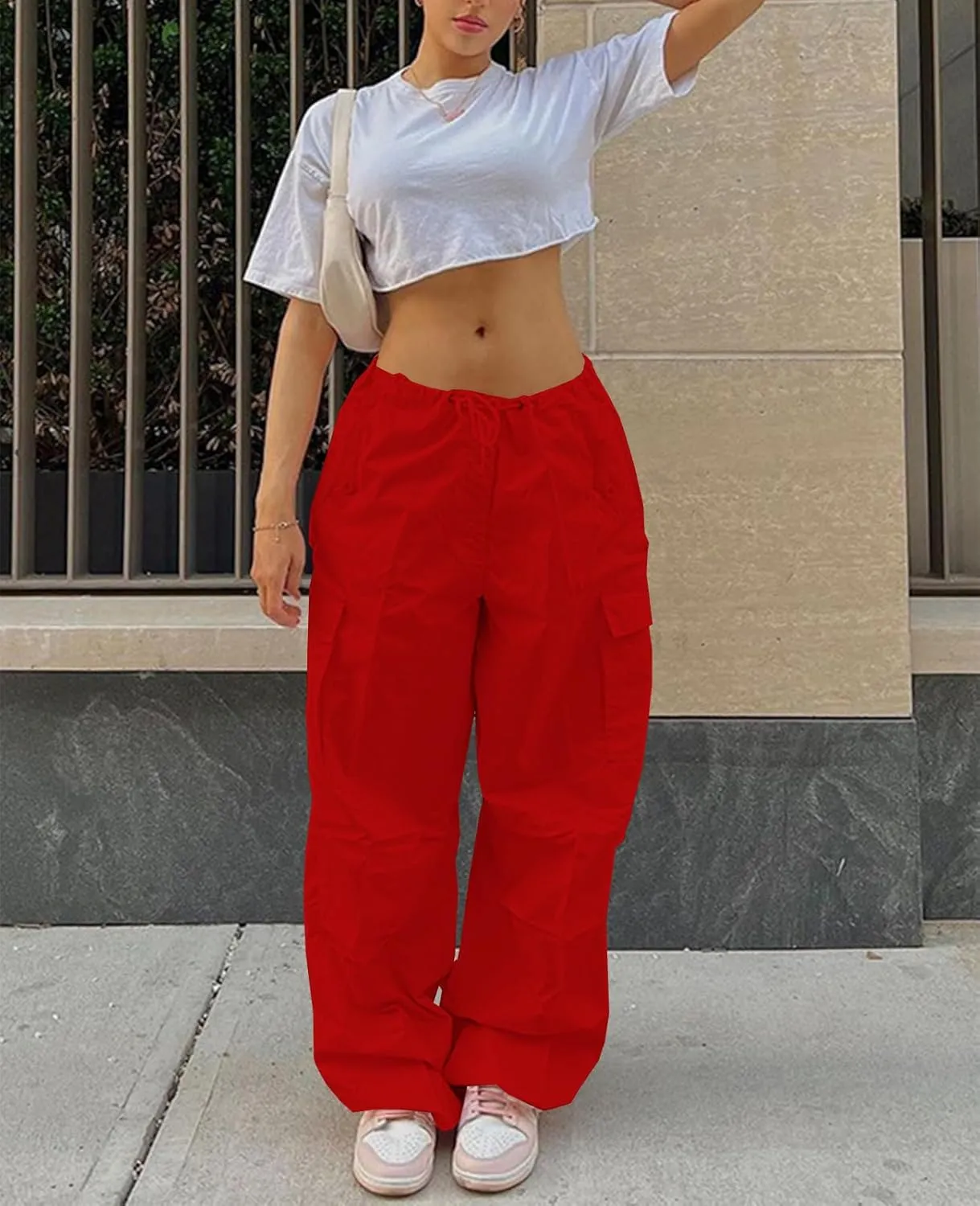 Neyaolk Parachute Pants for Women, Cargo Pants Women Baggy, Y2K Low Waist Wide Leg Baggy Relaxed Jogger Pants