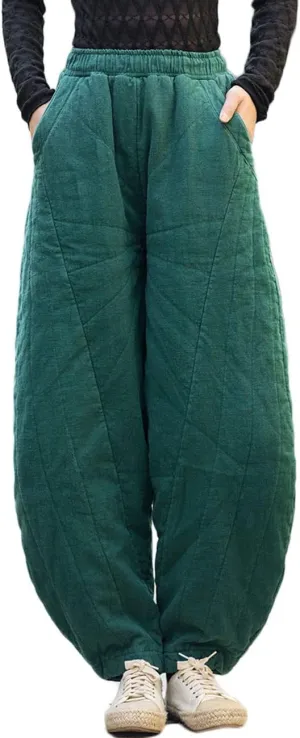NFYM Women Quilted Pants Winter Warm Thick Cotton Linen Casual Wide Leg Elastic Waist Pocket Lantern Trousers