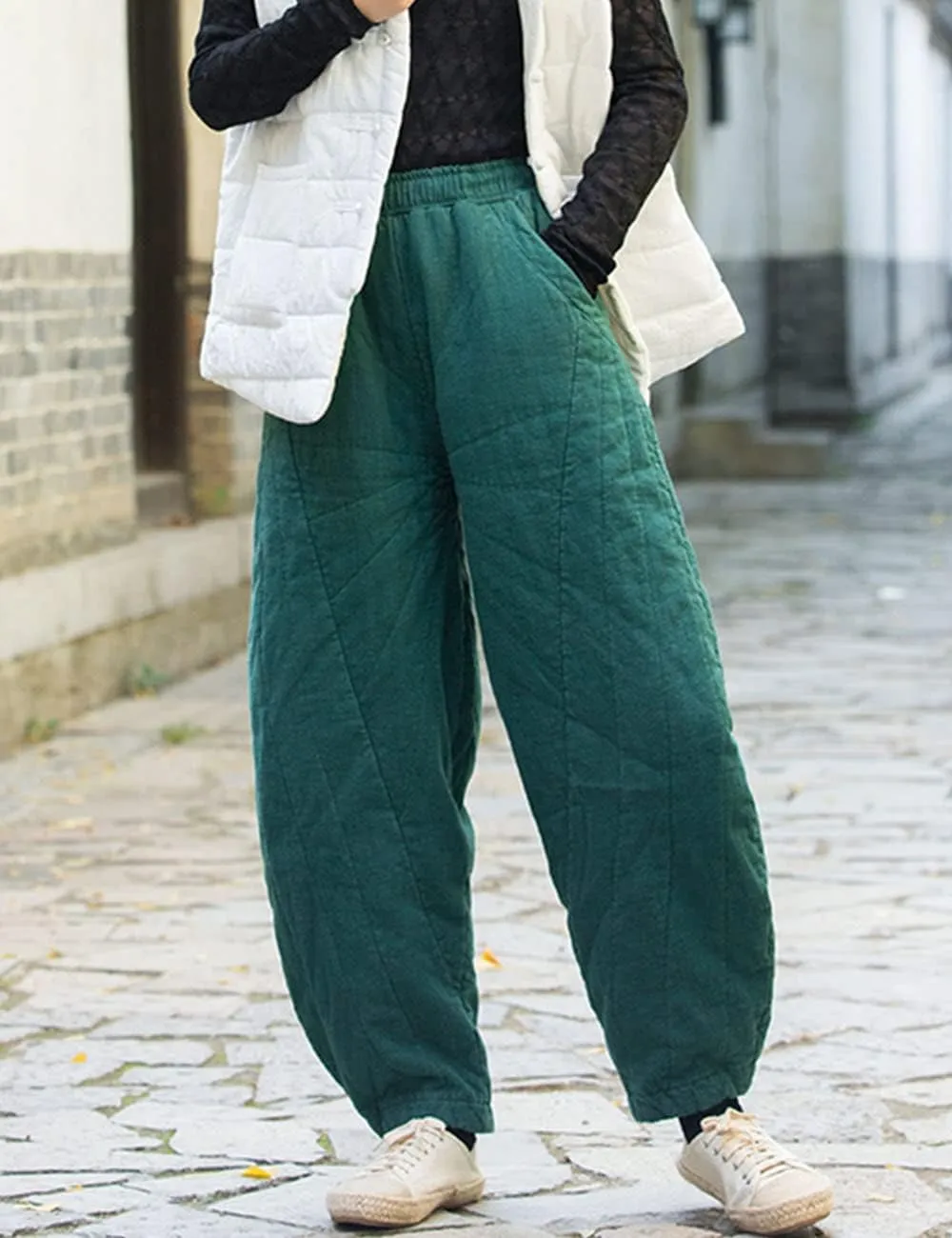 NFYM Women Quilted Pants Winter Warm Thick Cotton Linen Casual Wide Leg Elastic Waist Pocket Lantern Trousers