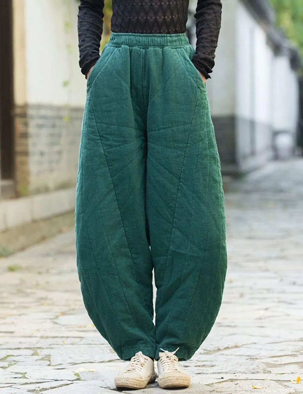 NFYM Women Quilted Pants Winter Warm Thick Cotton Linen Casual Wide Leg Elastic Waist Pocket Lantern Trousers