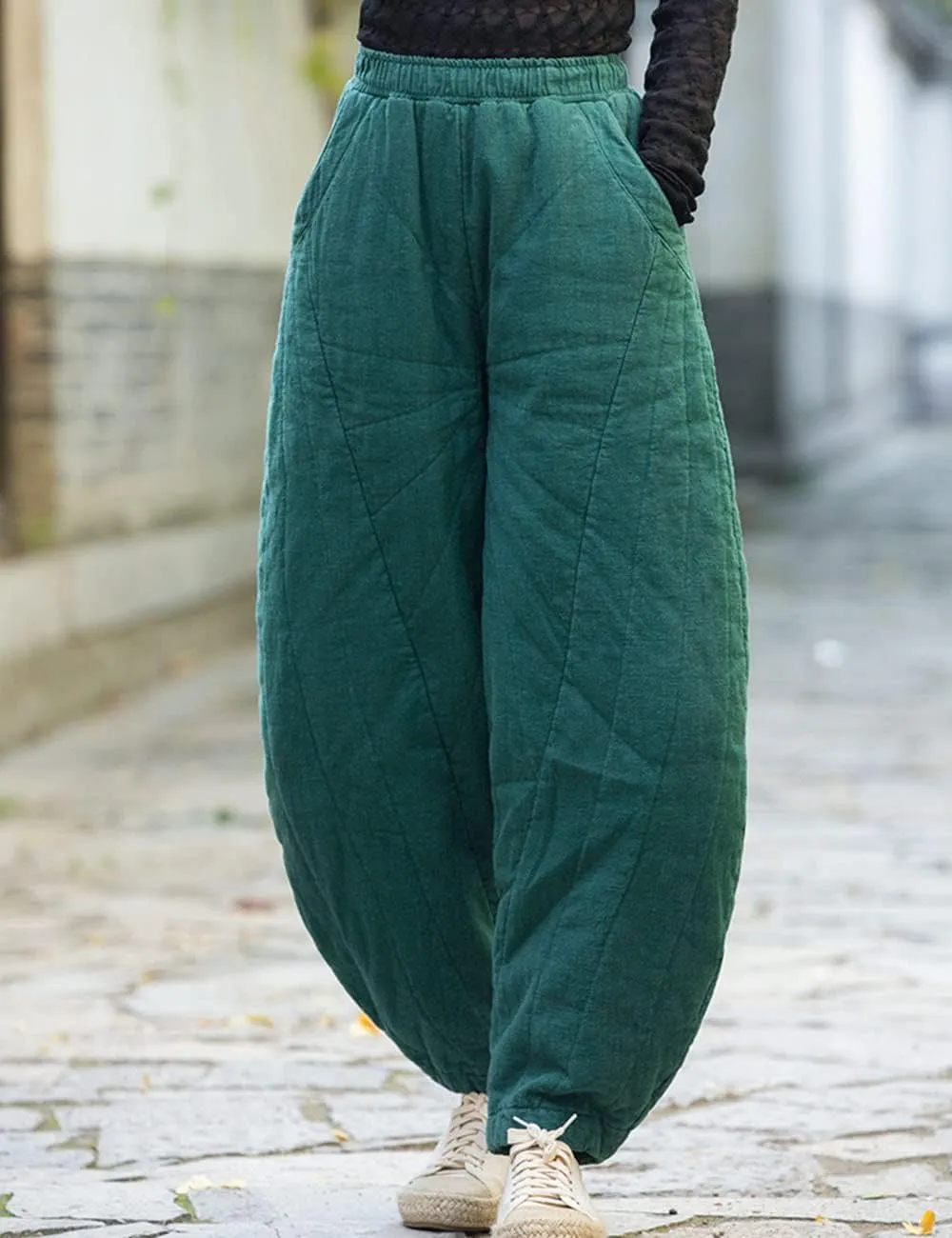 NFYM Women Quilted Pants Winter Warm Thick Cotton Linen Casual Wide Leg Elastic Waist Pocket Lantern Trousers