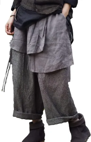 NFYM Women Wide Leg Pants Linen Irregular Patch Layered Elastc Waist Loose Vintage Patchwork Retro Cropped Trousers