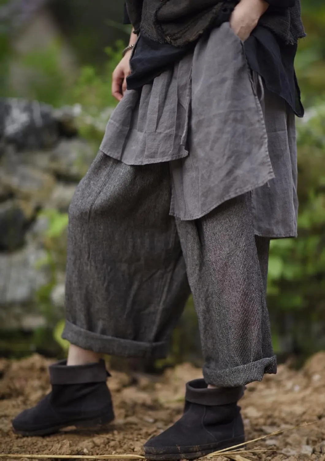 NFYM Women Wide Leg Pants Linen Irregular Patch Layered Elastc Waist Loose Vintage Patchwork Retro Cropped Trousers