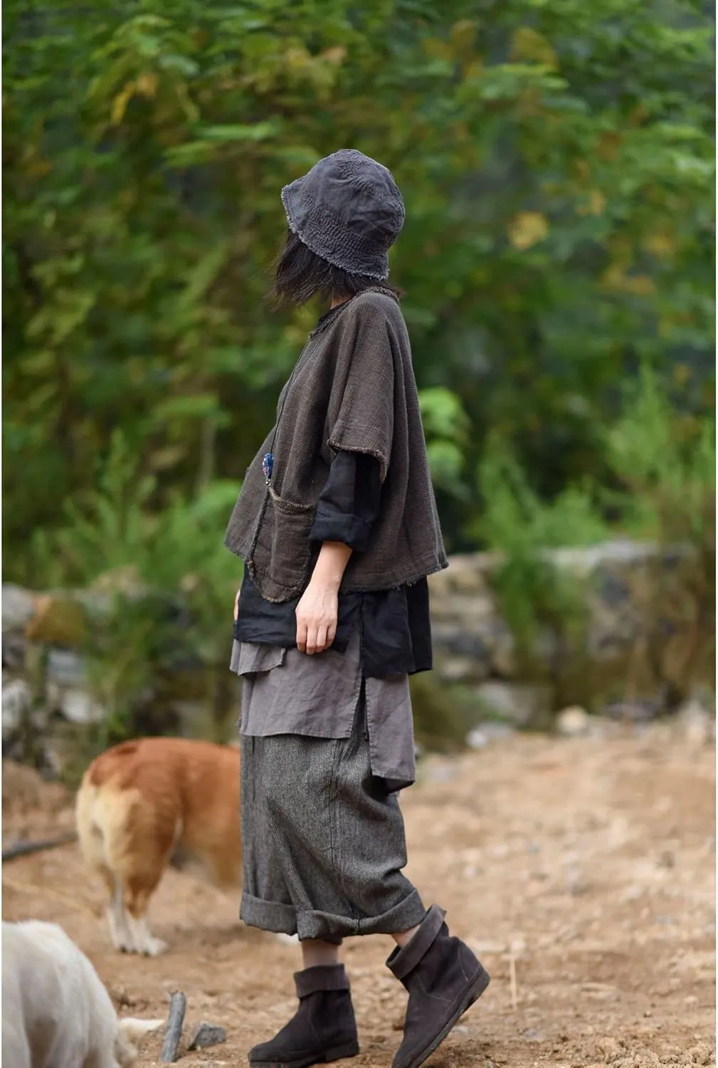 NFYM Women Wide Leg Pants Linen Irregular Patch Layered Elastc Waist Loose Vintage Patchwork Retro Cropped Trousers