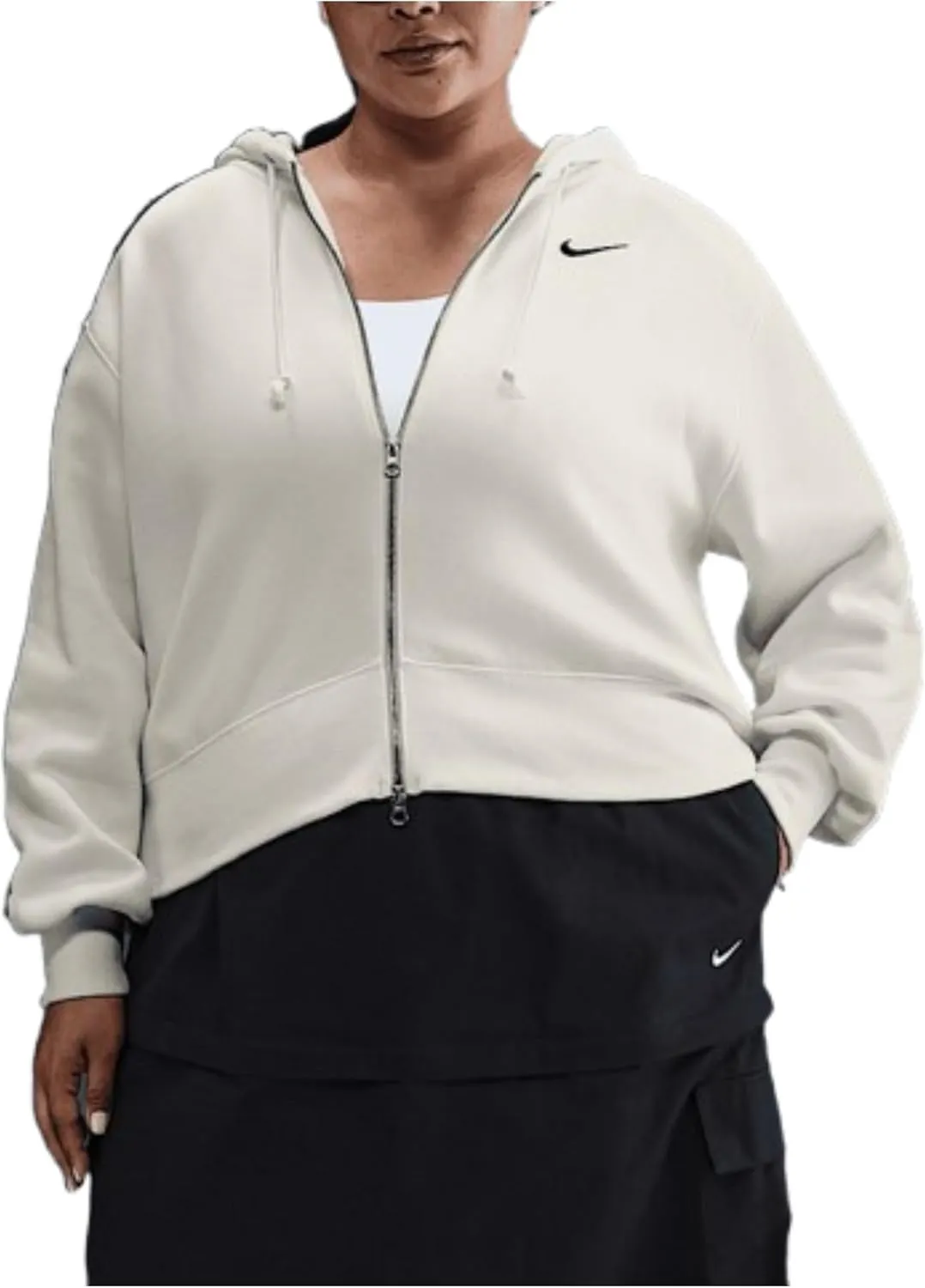 Nike Sportswear Phoenix Fleece Women's Loose Cropped Full-Zip Hoodie (Plus Size) (HJ0942-133, Sail/Black)
