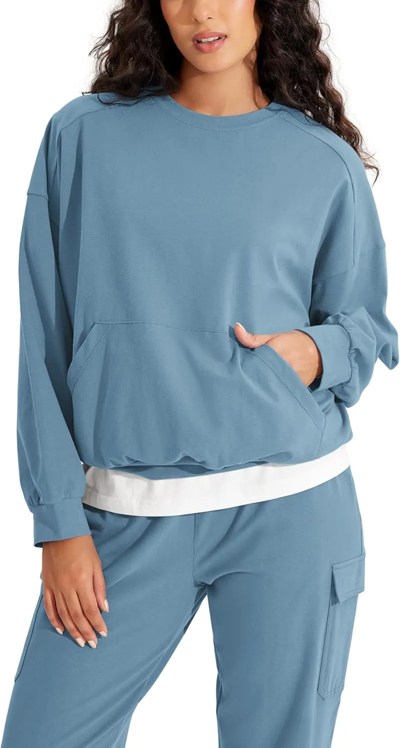 ODODOS Purevibe Cotton Oversized Sweatshirts, Women's Crew Neck Long Sleeve Pullover Tops with Kangaroo Pocket