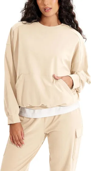 ODODOS Purevibe Cotton Oversized Sweatshirts, Women's Crew Neck Long Sleeve Pullover Tops with Kangaroo Pocket