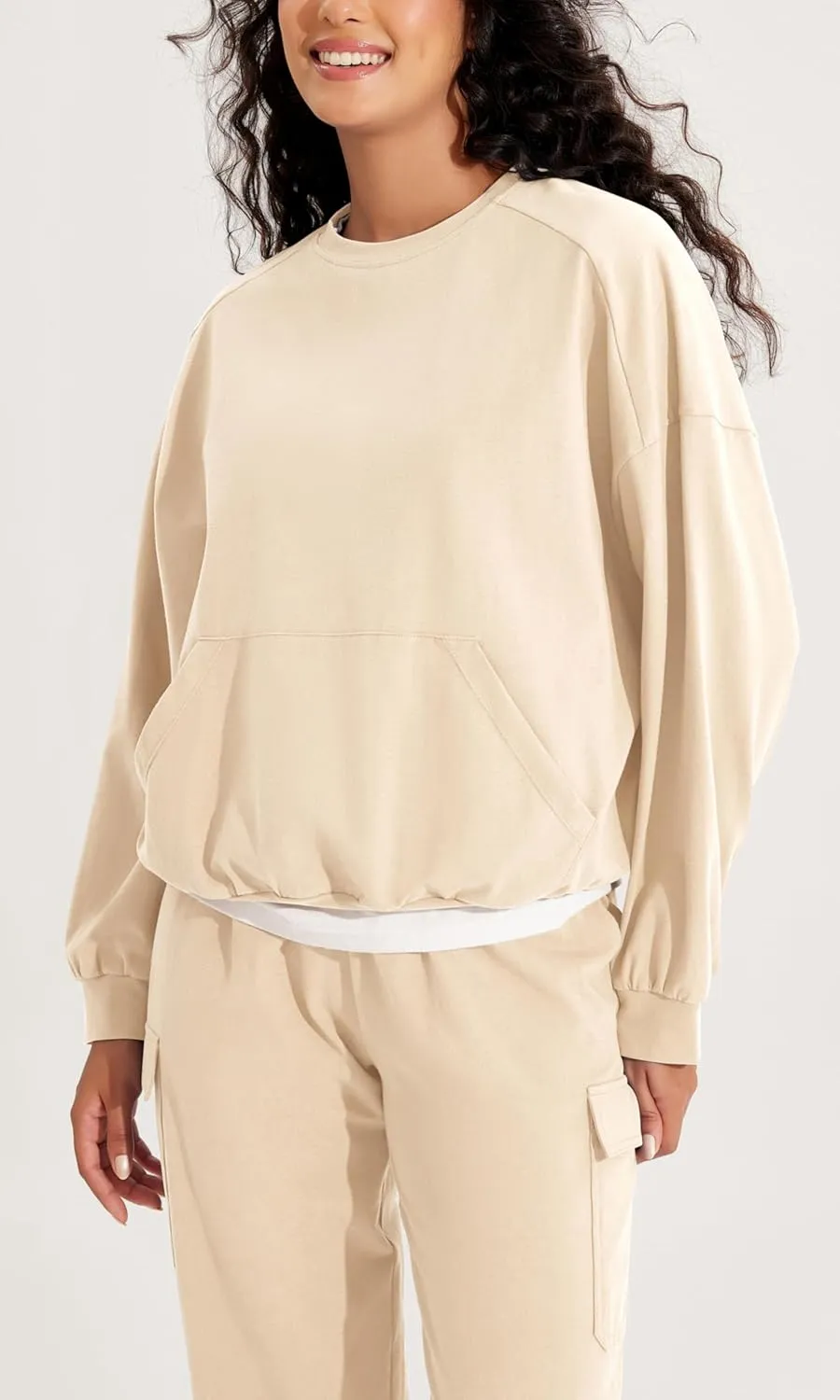 ODODOS Purevibe Cotton Oversized Sweatshirts, Women's Crew Neck Long Sleeve Pullover Tops with Kangaroo Pocket