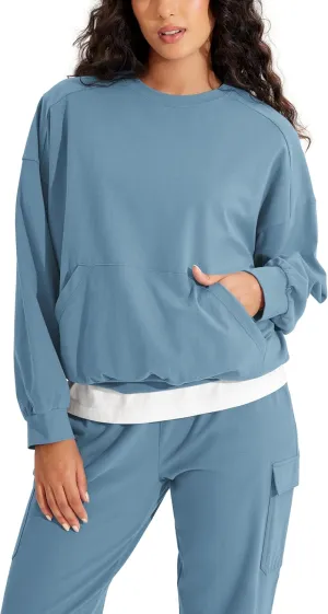ODODOS Purevibe Cotton Oversized Sweatshirts, Women's Crew Neck Long Sleeve Pullover Tops with Kangaroo Pocket