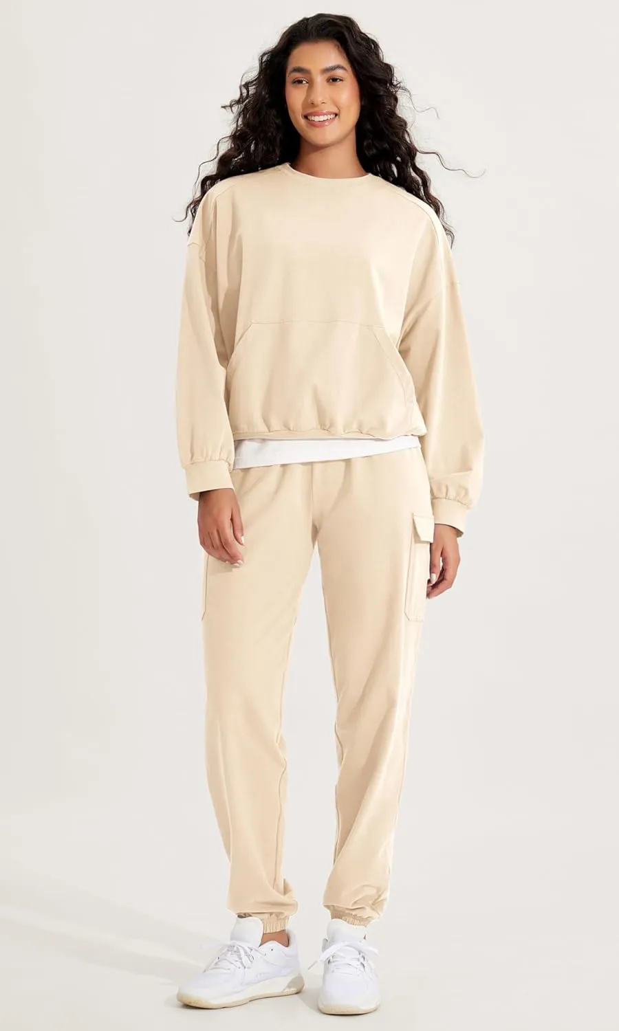 ODODOS Purevibe Cotton Oversized Sweatshirts, Women's Crew Neck Long Sleeve Pullover Tops with Kangaroo Pocket