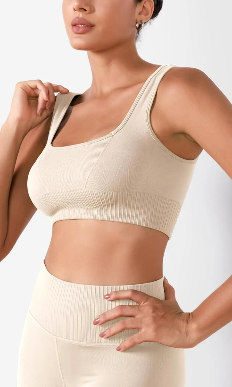 ODODOS Seamless Square Neck Sports Bra for Women Ribbed Crop Tank Casual Low Back Cropped Tops