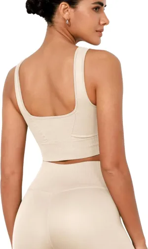 ODODOS Seamless Square Neck Sports Bra for Women Ribbed Crop Tank Casual Low Back Cropped Tops