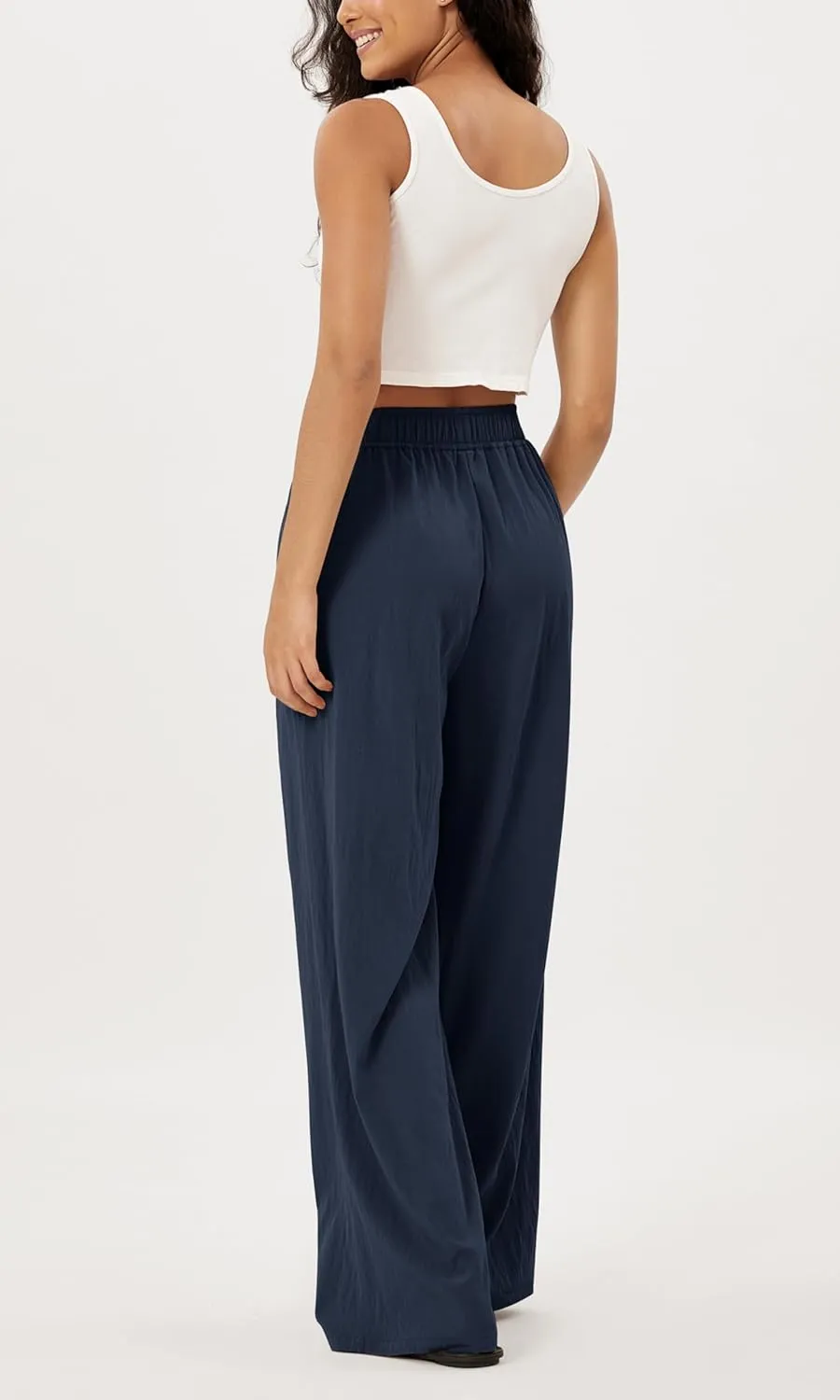 ODODOS Women's Wide Leg Pants with Pockets Crinkle Comfy High Waist Pull-On Lounge Casual Pants