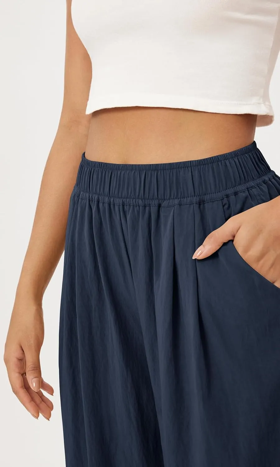 ODODOS Women's Wide Leg Pants with Pockets Crinkle Comfy High Waist Pull-On Lounge Casual Pants