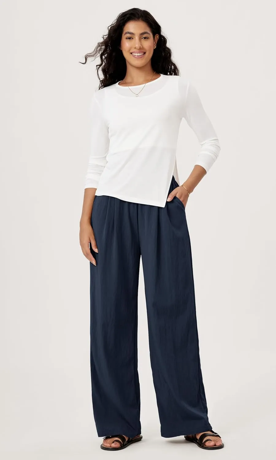 ODODOS Women's Wide Leg Pants with Pockets Crinkle Comfy High Waist Pull-On Lounge Casual Pants