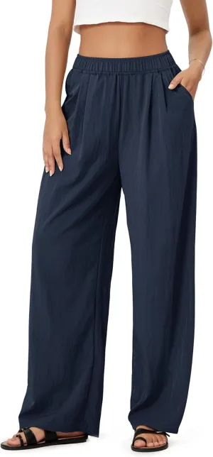 ODODOS Women's Wide Leg Pants with Pockets Crinkle Comfy High Waist Pull-On Lounge Casual Pants