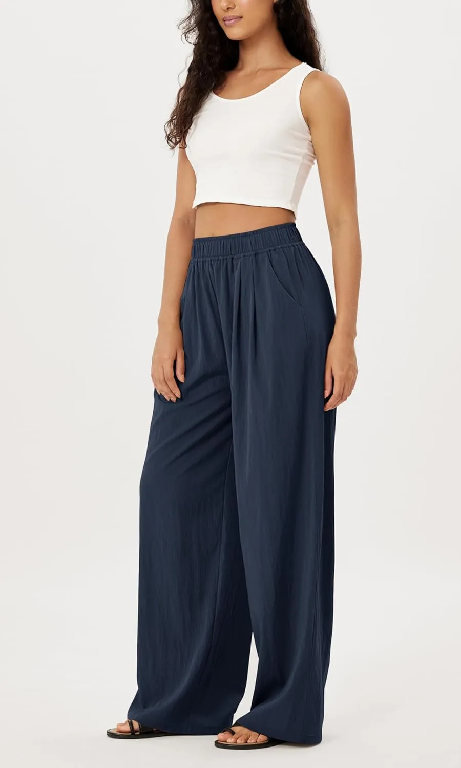 ODODOS Women's Wide Leg Pants with Pockets Crinkle Comfy High Waist Pull-On Lounge Casual Pants