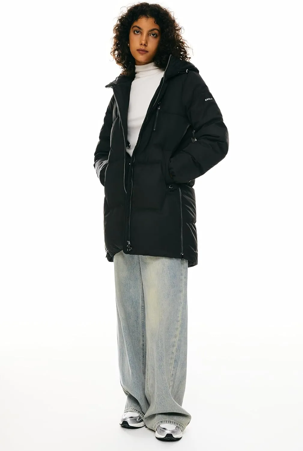 Orolay Women's Stylish Down Hooded Jacket with Two-Way Zipper Winter Down Coat Puffer Jacket A-line Coat