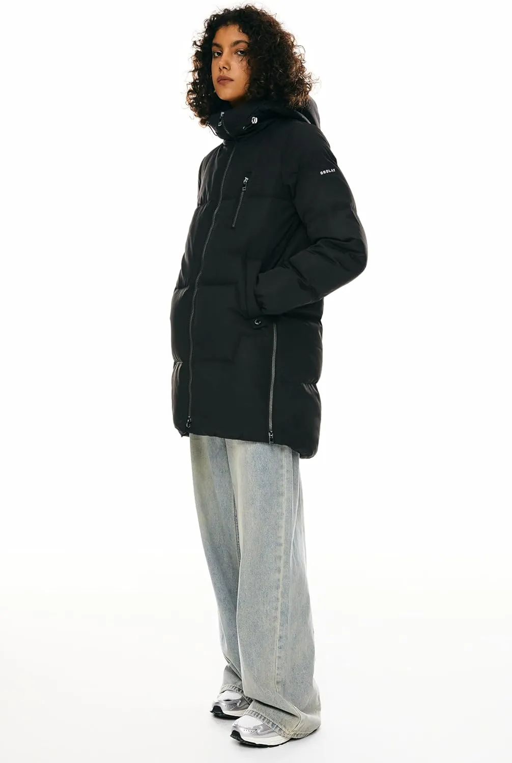 Orolay Women's Stylish Down Hooded Jacket with Two-Way Zipper Winter Down Coat Puffer Jacket A-line Coat