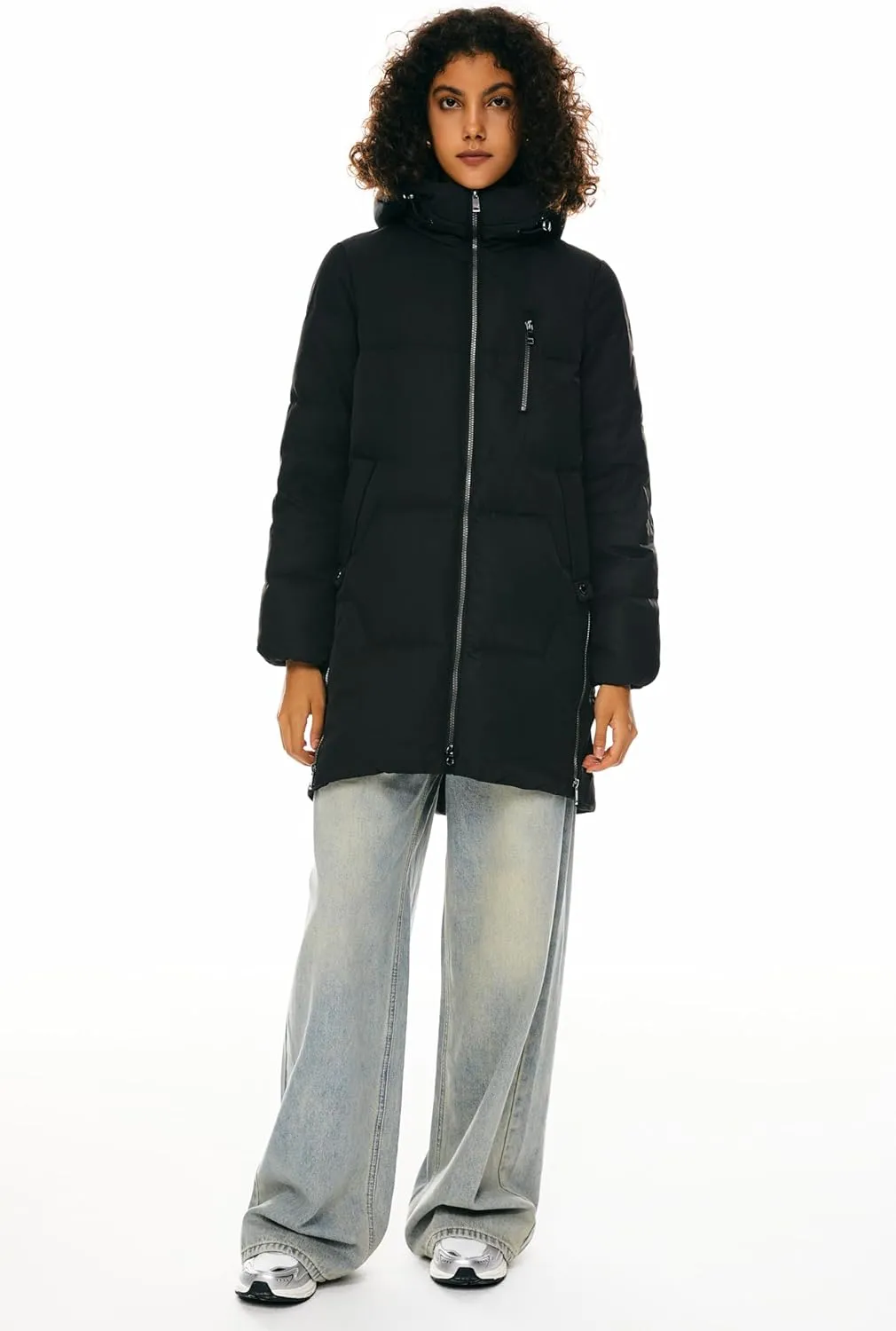 Orolay Women's Stylish Down Hooded Jacket with Two-Way Zipper Winter Down Coat Puffer Jacket A-line Coat