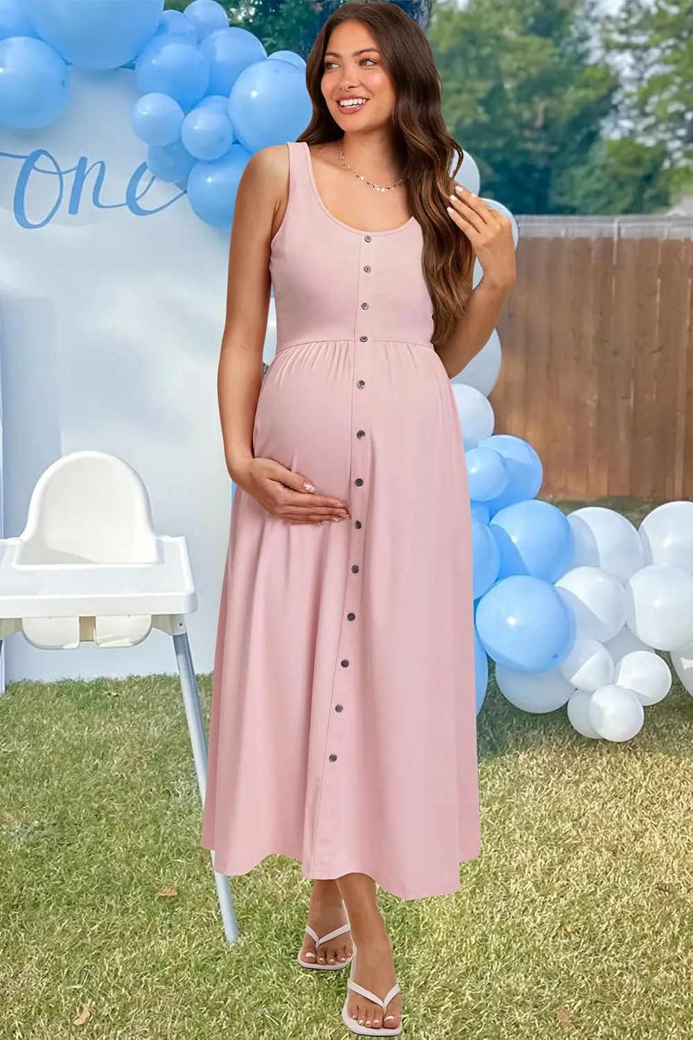 OUGES Womens Maternity Dress Scoop Neck Casual Sleeveless Button Down Pregnancy Clothes Midi Sundress with Pockets 2025