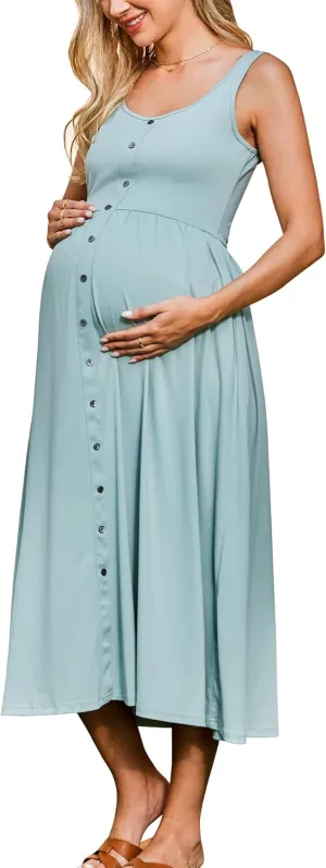 OUGES Womens Maternity Dress Scoop Neck Casual Sleeveless Button Down Pregnancy Clothes Midi Sundress with Pockets 2025