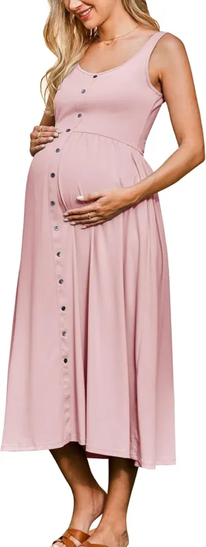 OUGES Womens Maternity Dress Scoop Neck Casual Sleeveless Button Down Pregnancy Clothes Midi Sundress with Pockets 2025