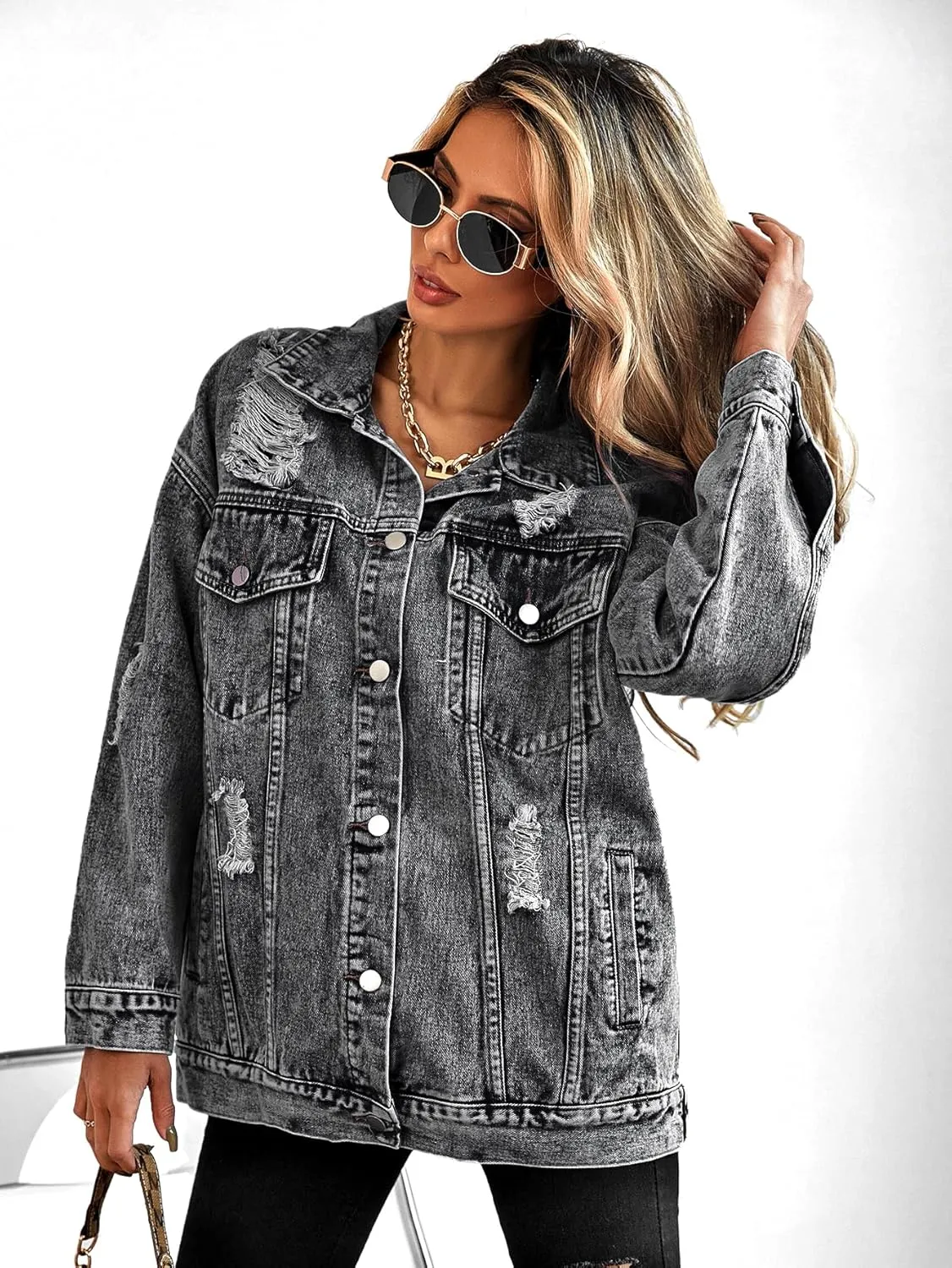 Oversize Denim Jacket for Women Ripped Jean Jacket Boyfriend Long Sleeve Trucker Coat