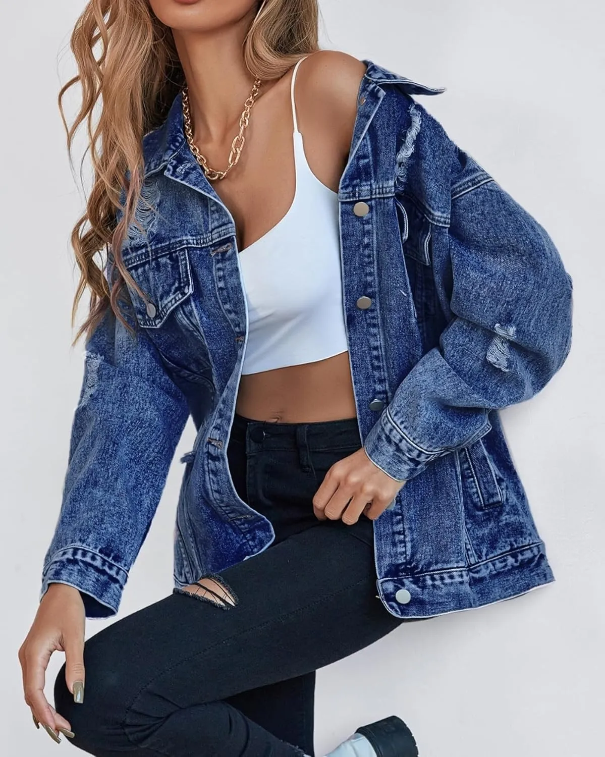Oversize Denim Jacket for Women Ripped Jean Jacket Boyfriend Long Sleeve Trucker Coat