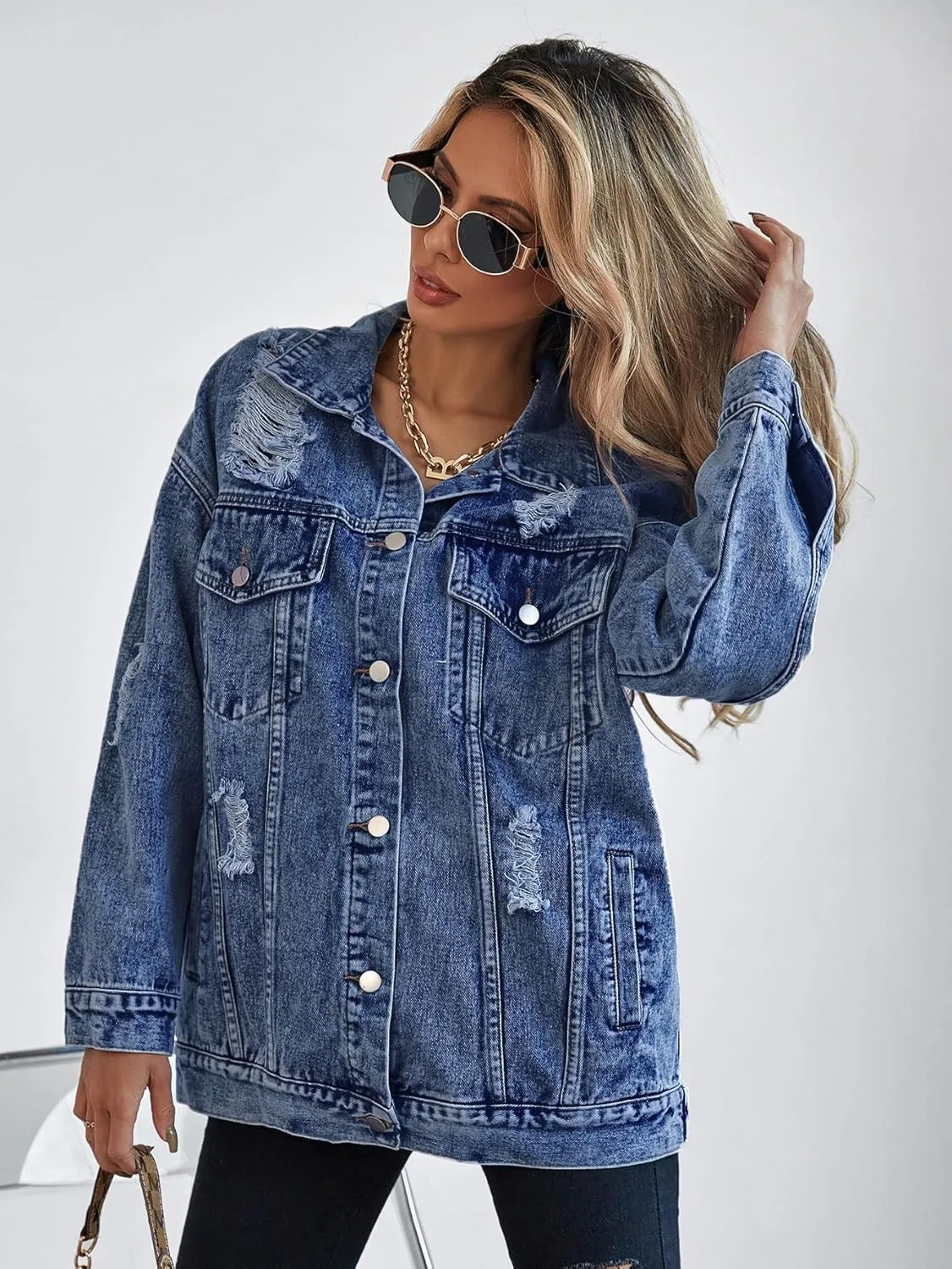Oversize Denim Jacket for Women Ripped Jean Jacket Boyfriend Long Sleeve Trucker Coat