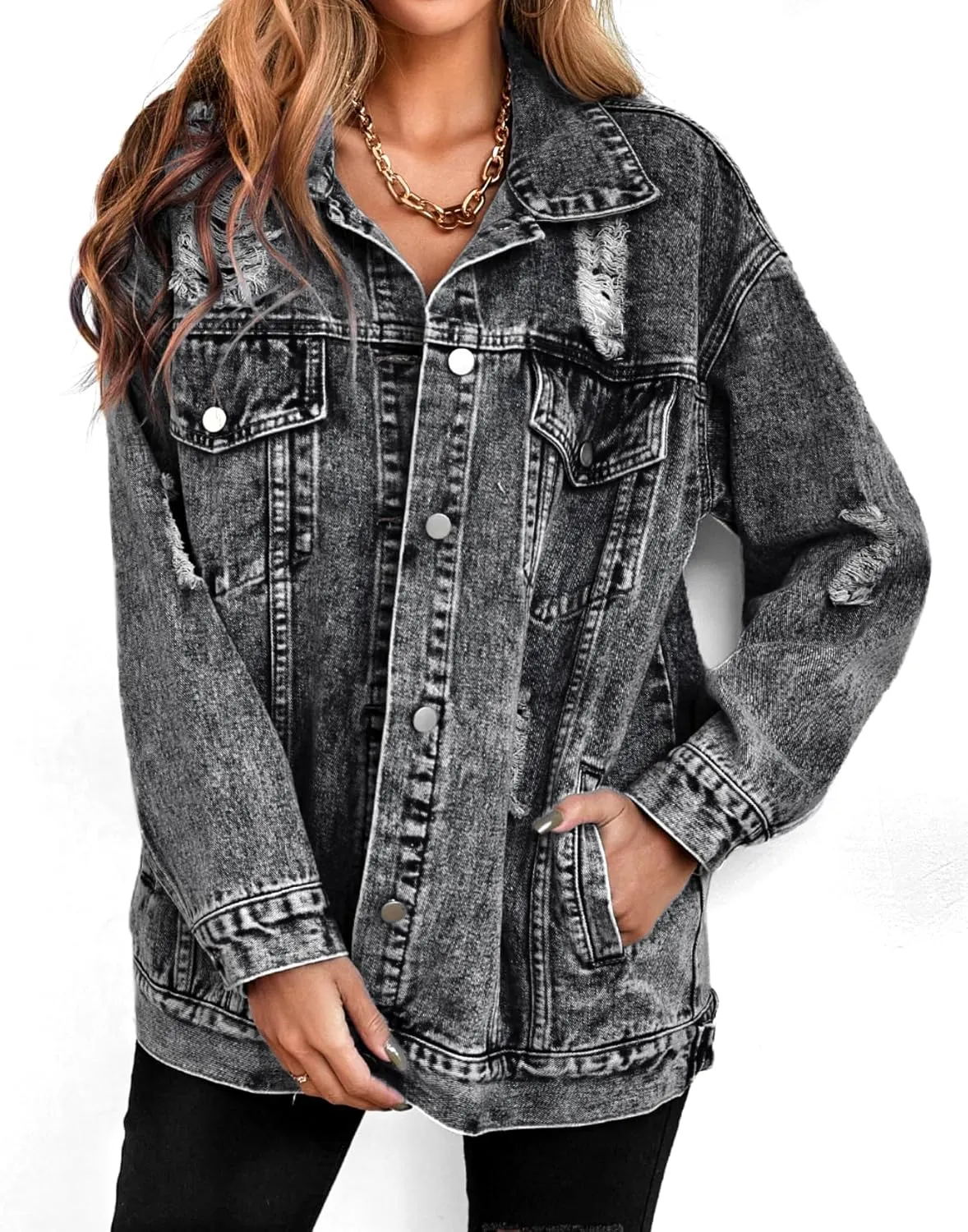 Oversize Denim Jacket for Women Ripped Jean Jacket Boyfriend Long Sleeve Trucker Coat