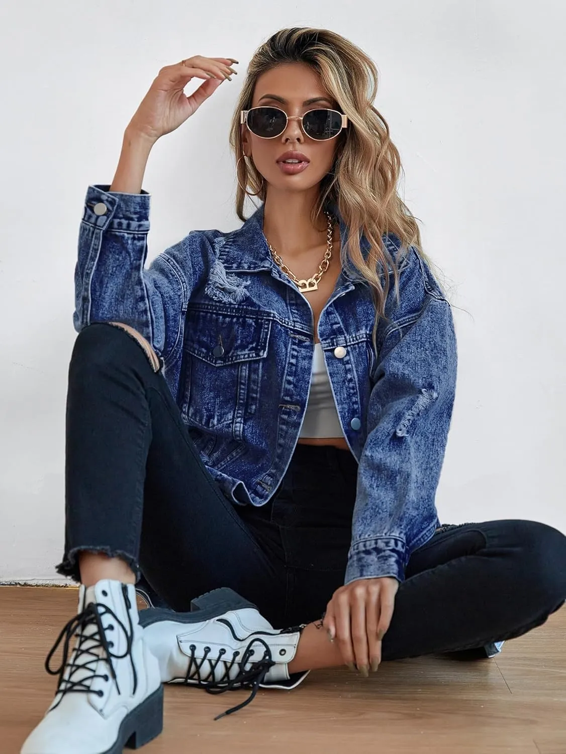Oversize Denim Jacket for Women Ripped Jean Jacket Boyfriend Long Sleeve Trucker Coat