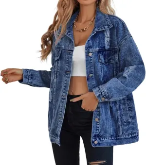 Oversize Denim Jacket for Women Ripped Jean Jacket Boyfriend Long Sleeve Trucker Coat