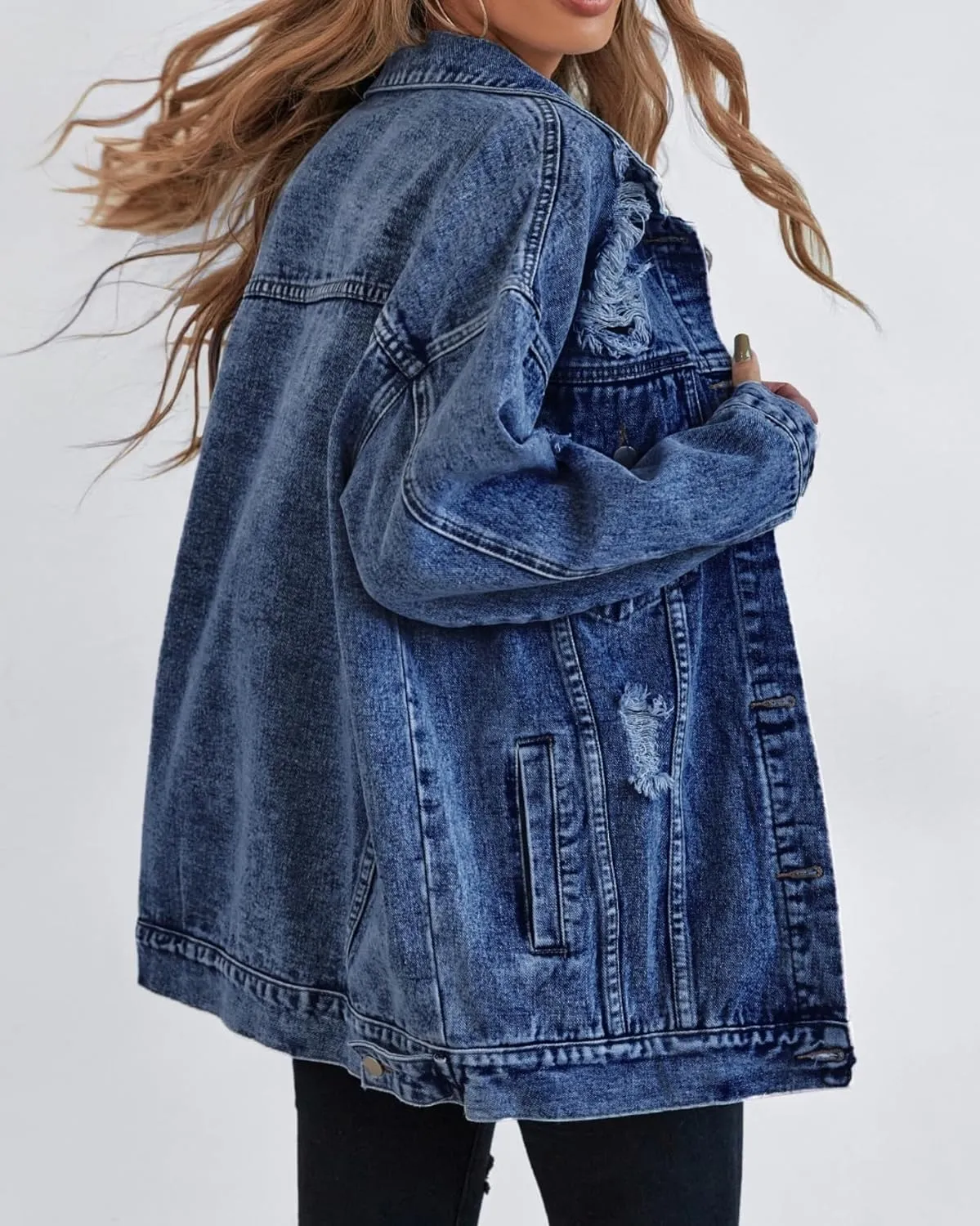 Oversize Denim Jacket for Women Ripped Jean Jacket Boyfriend Long Sleeve Trucker Coat