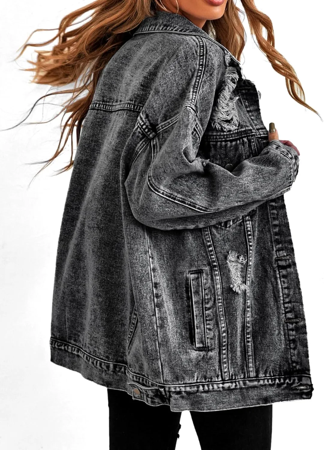Oversize Denim Jacket for Women Ripped Jean Jacket Boyfriend Long Sleeve Trucker Coat