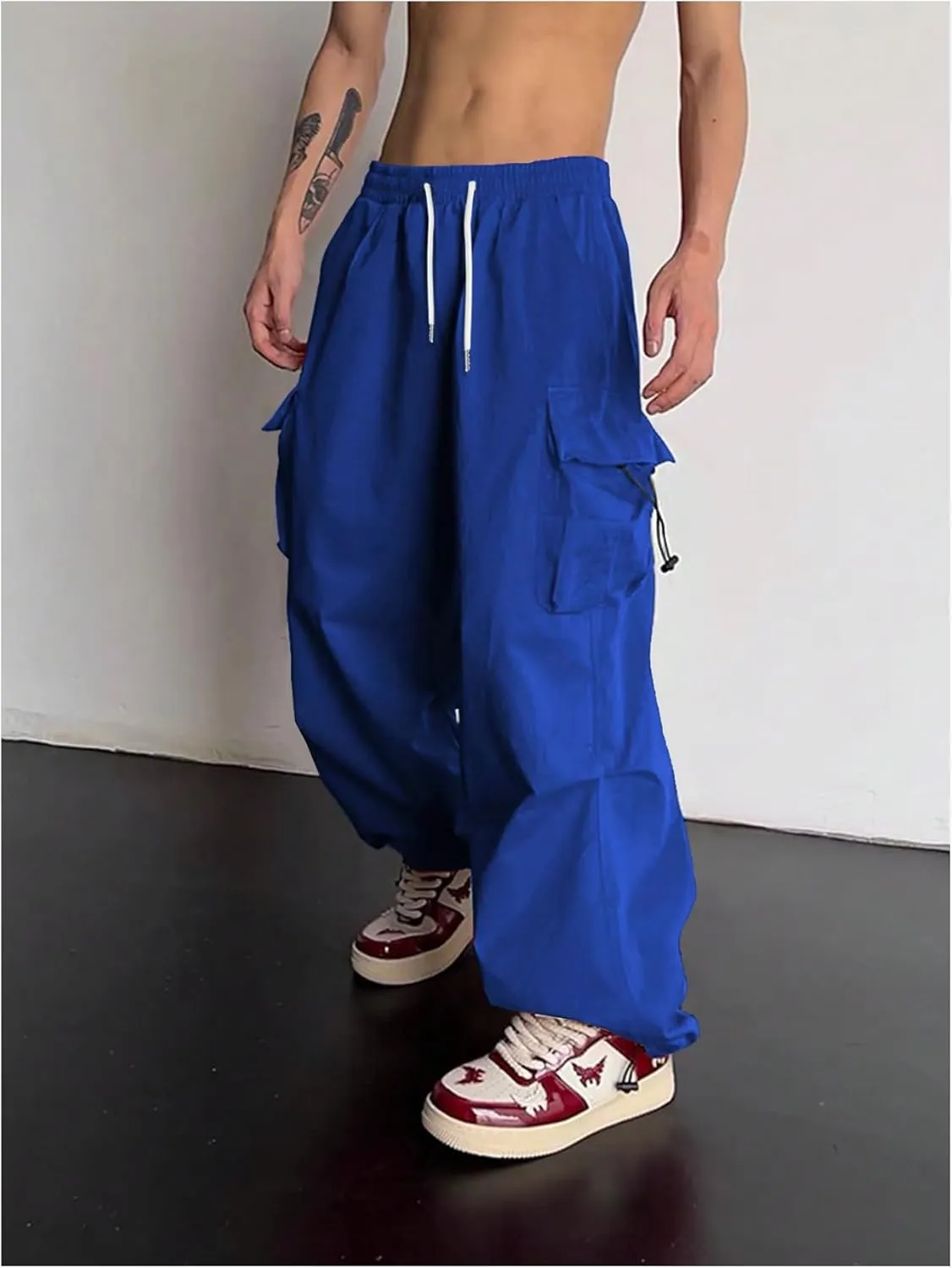 OYOANGLE Men's Baggy Cargo Pants Elastic Drawstring Waist Flap Pocket Y2K Hip Hop Trousers