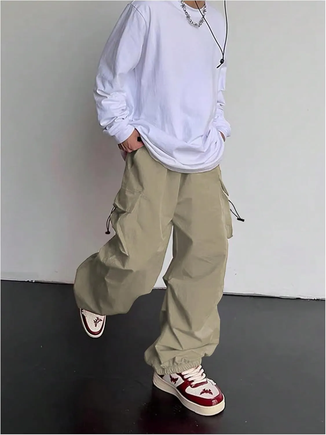 OYOANGLE Men's Baggy Cargo Pants Elastic Drawstring Waist Flap Pocket Y2K Hip Hop Trousers