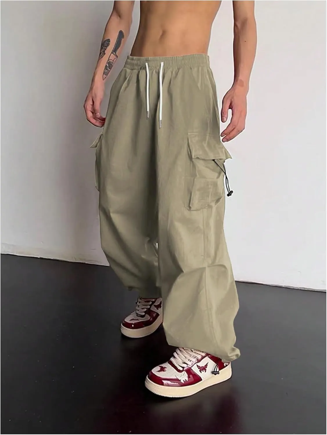 OYOANGLE Men's Baggy Cargo Pants Elastic Drawstring Waist Flap Pocket Y2K Hip Hop Trousers