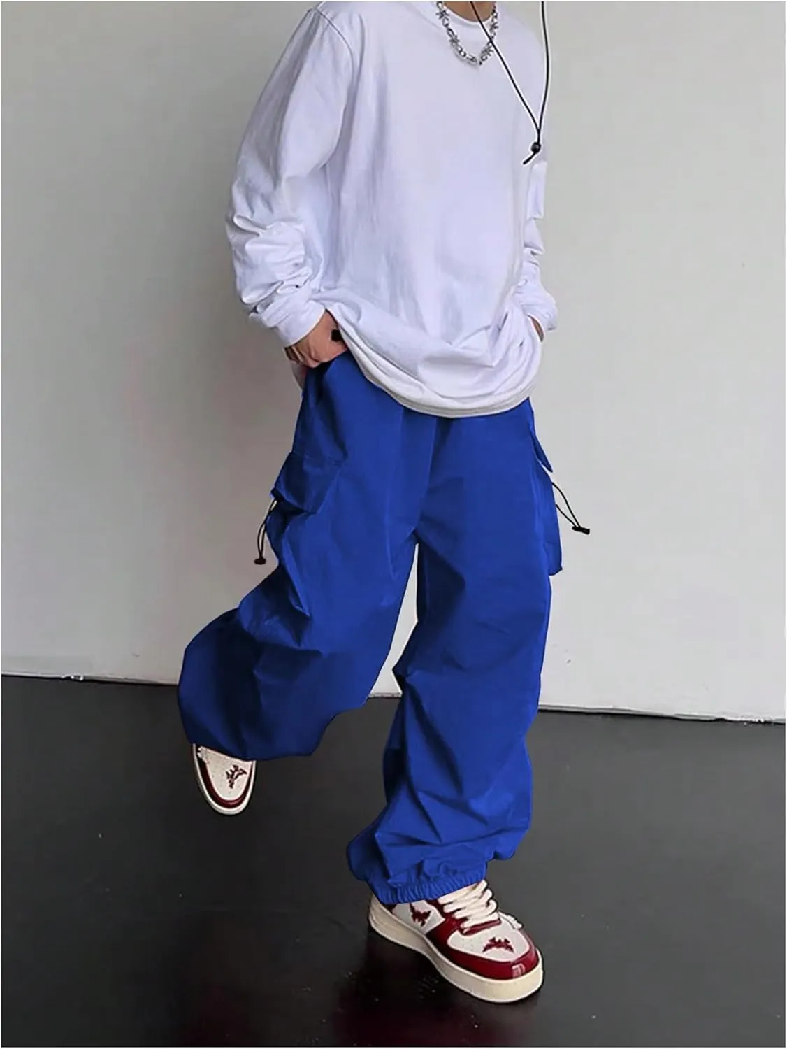 OYOANGLE Men's Baggy Cargo Pants Elastic Drawstring Waist Flap Pocket Y2K Hip Hop Trousers