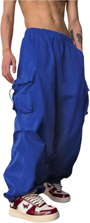 OYOANGLE Men's Baggy Cargo Pants Elastic Drawstring Waist Flap Pocket Y2K Hip Hop Trousers