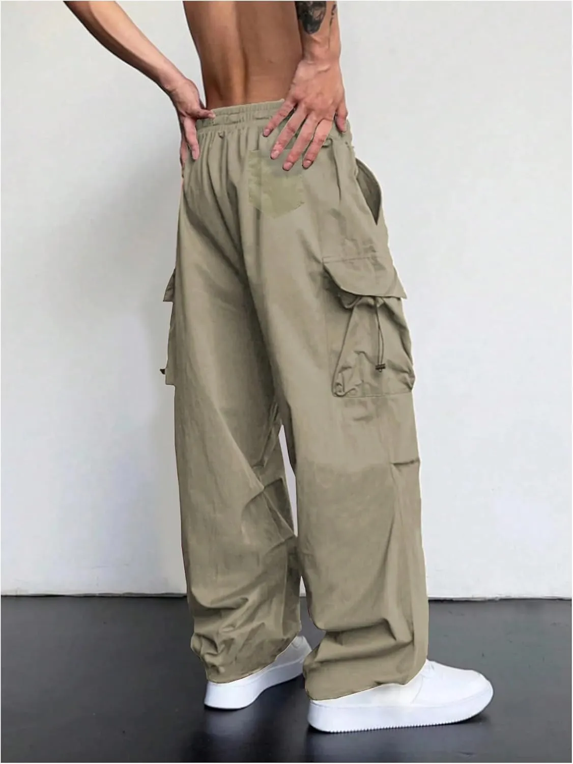 OYOANGLE Men's Baggy Cargo Pants Elastic Drawstring Waist Flap Pocket Y2K Hip Hop Trousers