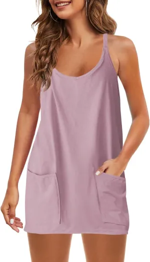 Panadila Womens Summer Sleeveless Mini Dress V Neck Spaghetti Strap Sundress Athletic Short Dress with Pockets