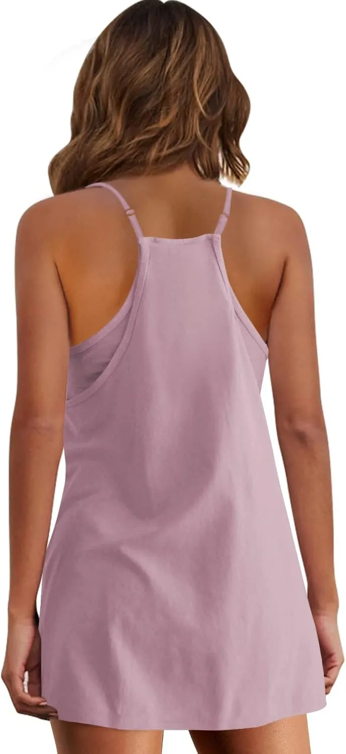 Panadila Womens Summer Sleeveless Mini Dress V Neck Spaghetti Strap Sundress Athletic Short Dress with Pockets