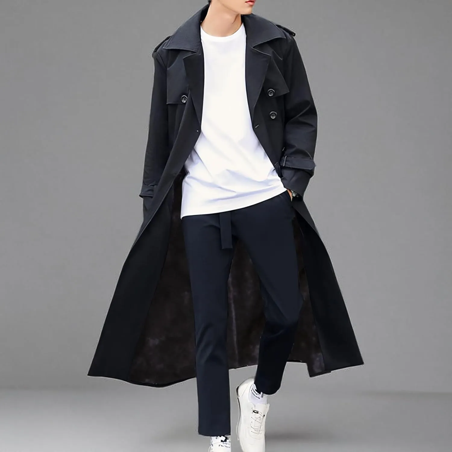 Pantete Man's Double Breasted Trench Coat Oversized Casual windbreaker Lapel Long Jacket Overcoat