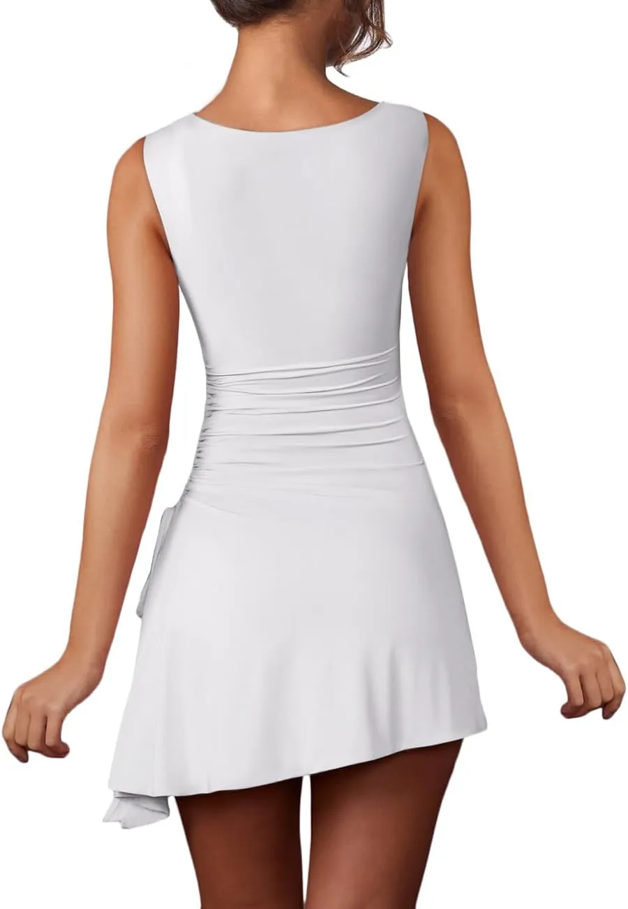 Pasgreson Womens Square Neck Bodice Side Straps Dress Sleeveless Tank Top Mini Bodycon Dresses