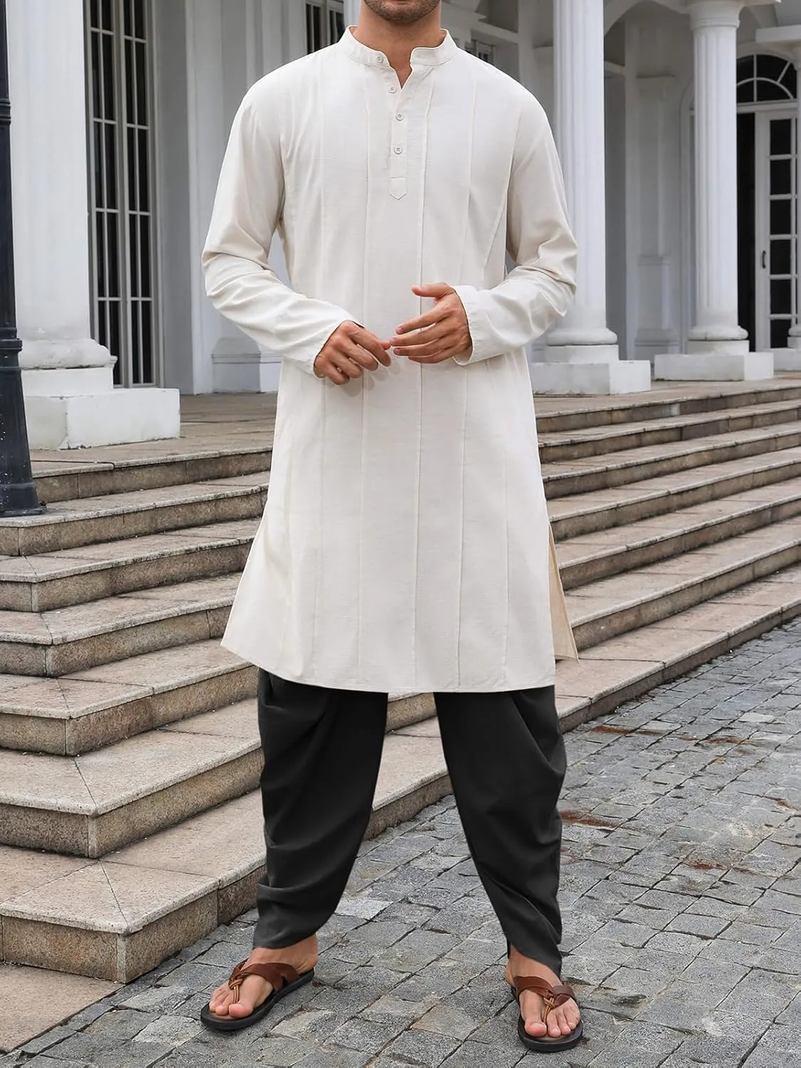 PASLTER Mens Kaftan Linen Cotton Pants Casual Kurta Elastic Waist Harem Baggy Yoga Pants Loose Fit Boho Hippie Trousers