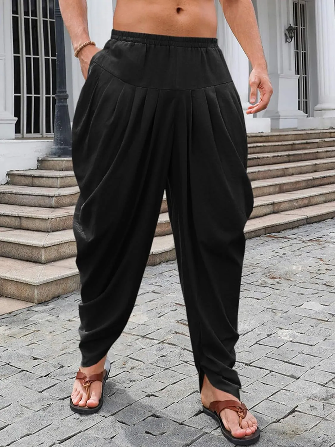 PASLTER Mens Kaftan Linen Cotton Pants Casual Kurta Elastic Waist Harem Baggy Yoga Pants Loose Fit Boho Hippie Trousers