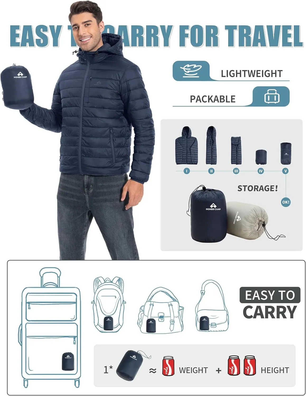 Pioneer Camp Men's Lightweight Packable Puffer Jacket with Hood Warm Puffy Winter Jacket Coat Insulated for Ski Hiking Travel