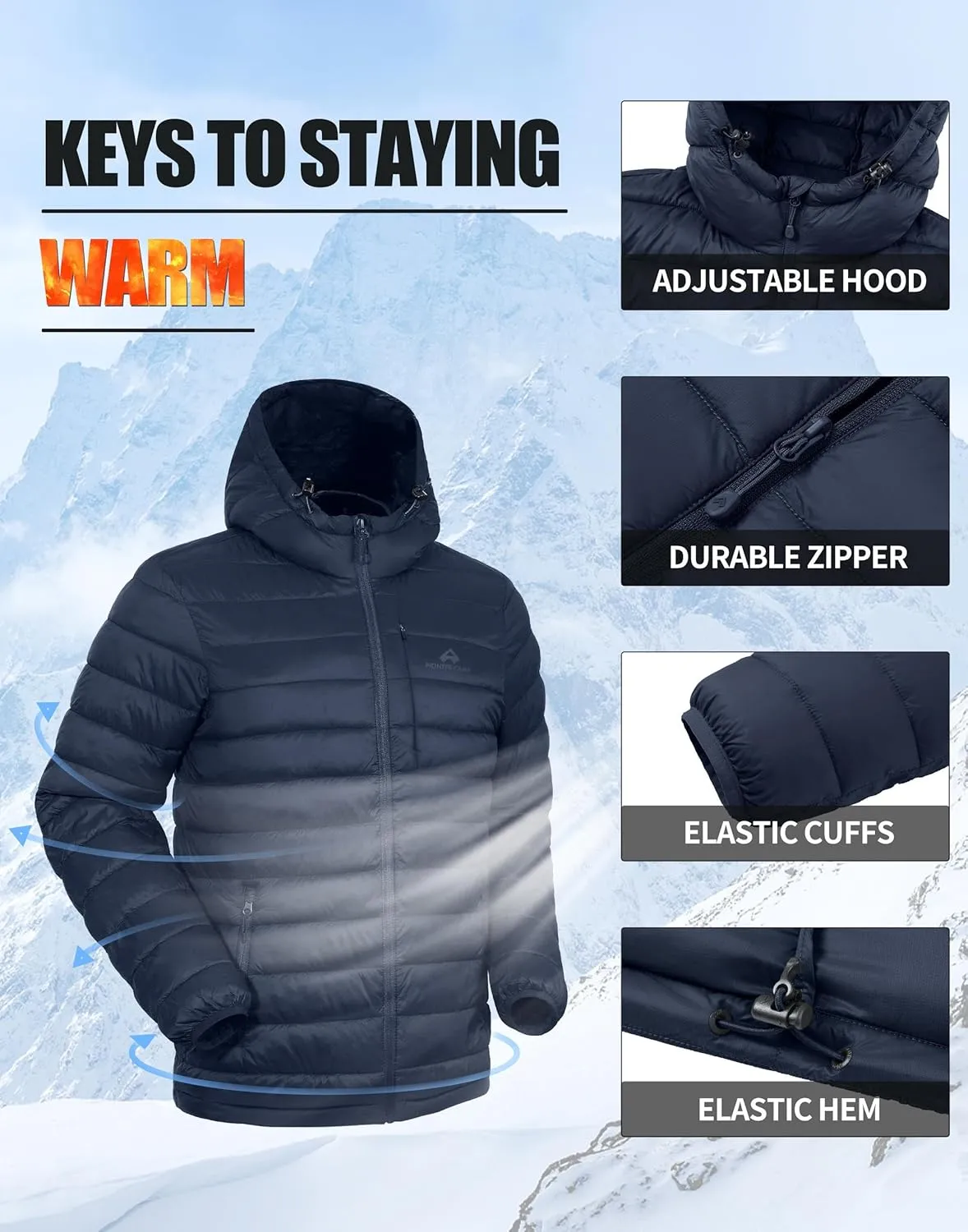 Pioneer Camp Men's Lightweight Packable Puffer Jacket with Hood Warm Puffy Winter Jacket Coat Insulated for Ski Hiking Travel