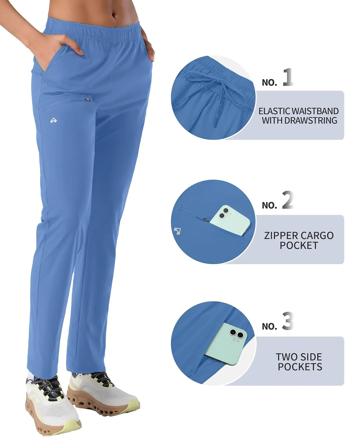 Pioneer Camp Women's Hiking Pants UPF 50  Elastic Waist Drawstring Ultra-Stretch Lightweight Outdoor Cargo Pants for Travel